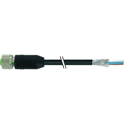 Czarny kabel z otwartym końcem ukazuje odkryte przewody w różnych kolorach oraz metalowy płaszcz ochronny.