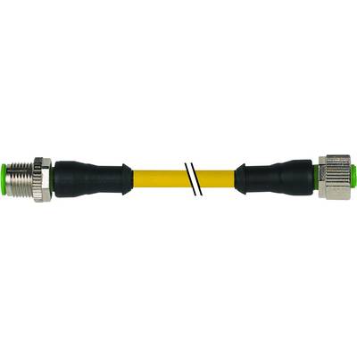 Żółty kabel z czarnymi nasadkami wtyczek i metalowymi stykami na obu końcach, przedstawiony na białym tle.