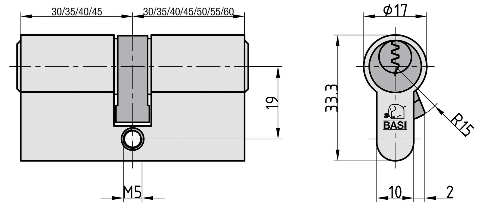Rysunek techniczny cylindra zamka BASI, pokazujący wymiary: całkowita długość 70 mm, wysokość 19 mm, szerokość 33,3 mm, rozmiar śruby M5.