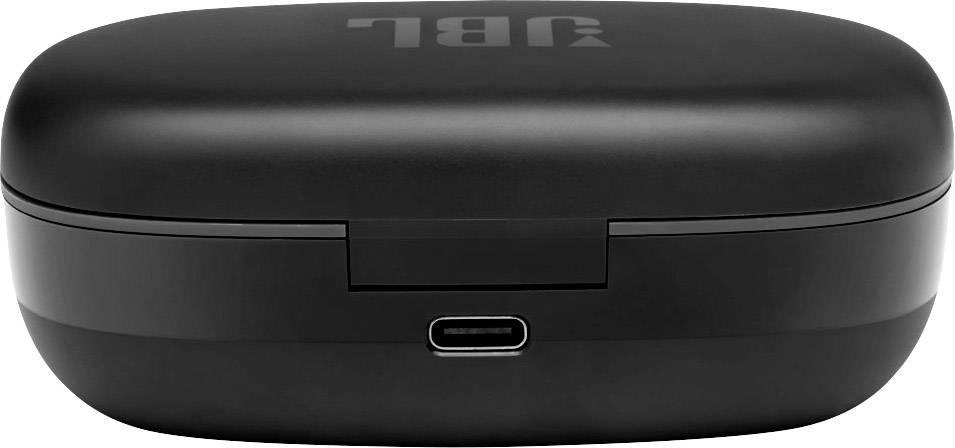 Czarny, owalny futerał ładujący z logo 'JBL' umieszczonym centralnie na górnej części, złącze USB-C znajdujące się pośrodku przedniej strony.