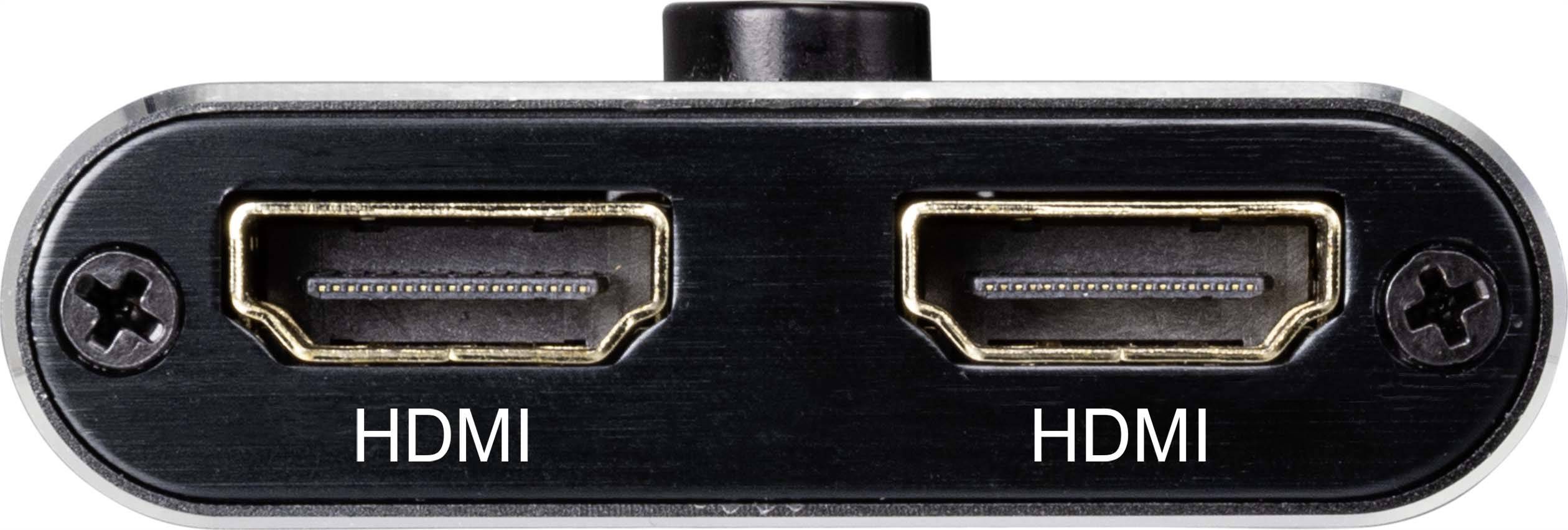 Dwa złącza HDMI na urządzeniu elektronicznym, każde oznaczone napisem 'HDMI', przystosowane do transmisji audiowizualnych.