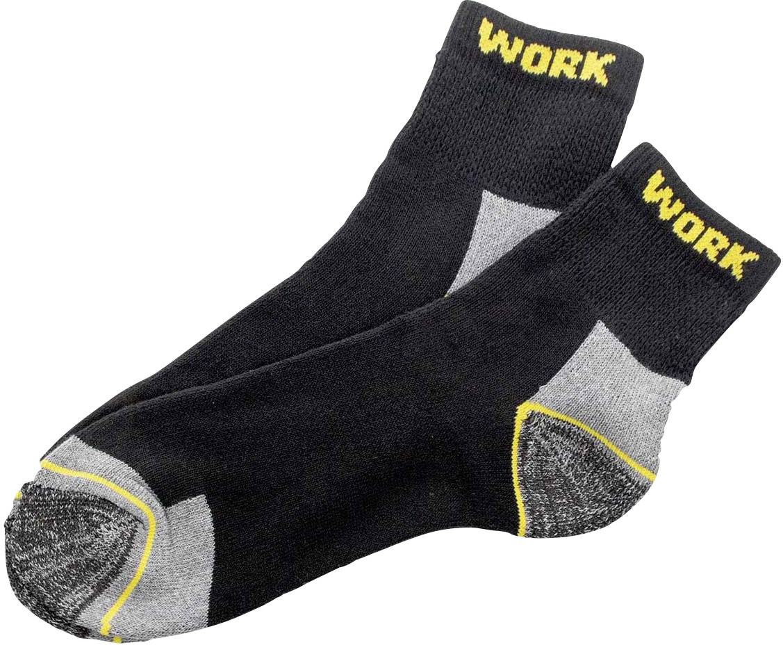 Dwie czarne skarpety robocze z szarymi i żółtymi detalami; napis 'WORK' jest widoczny u góry.