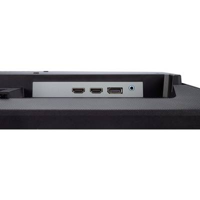 Tylna strona monitora z trzema złączami: dwa złącza HDMI i jedno DisplayPort, a także gniazdo słuchawkowe jack.