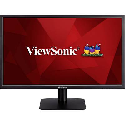 Monitor komputerowy z czerwonym tłem wyświetla logo 'ViewSonic' i trzy stylizowane ptaki.