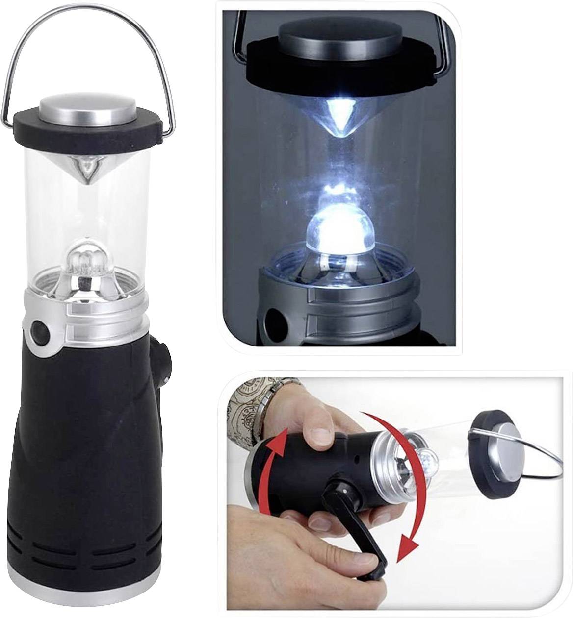 Przenośna latarka LED z uchwytem i korbką do ładowania. Pokazuje efekty świetlne i rękę obracającą korbką. Idealna do użytku na zewnątrz.