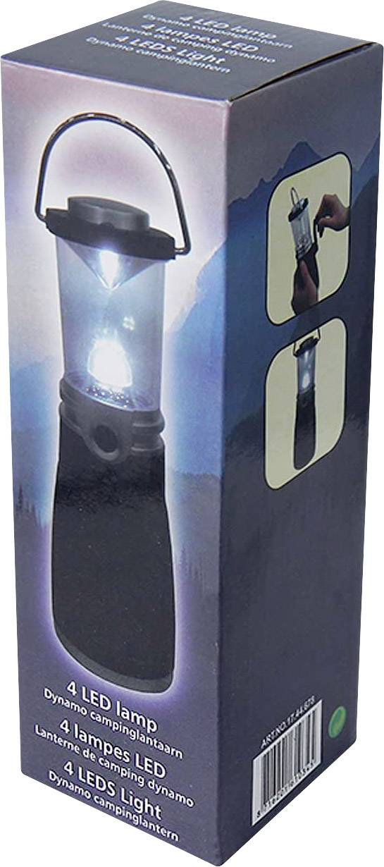 Latarka kempingowa z 4 diodami LED i technologią dynamiczną. Na opakowaniu widać świecącą latarkę oraz zdjęcie dłoni trzymającej urządzenie.