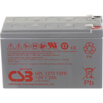 Szczelny akumulator kwasowo-ołowiowy z etykietą 'CSB Battery GPL 1272 F2FR 12V 7.2Ah', prezentujący symbole recyklingu i szczegóły produkcyjne.