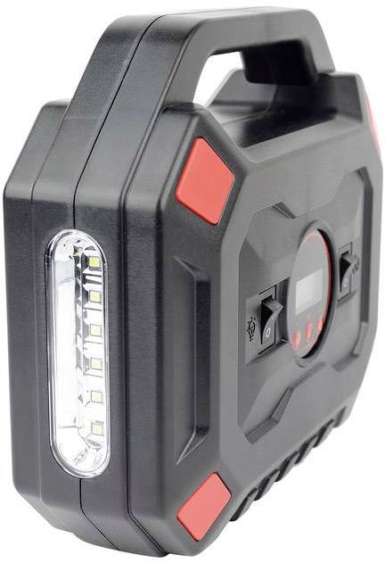 Czarny przenośny awaryjny rozrusznik samochodowy z czerwonym akcentem. Po bokach znajdują się zintegrowane diody LED.