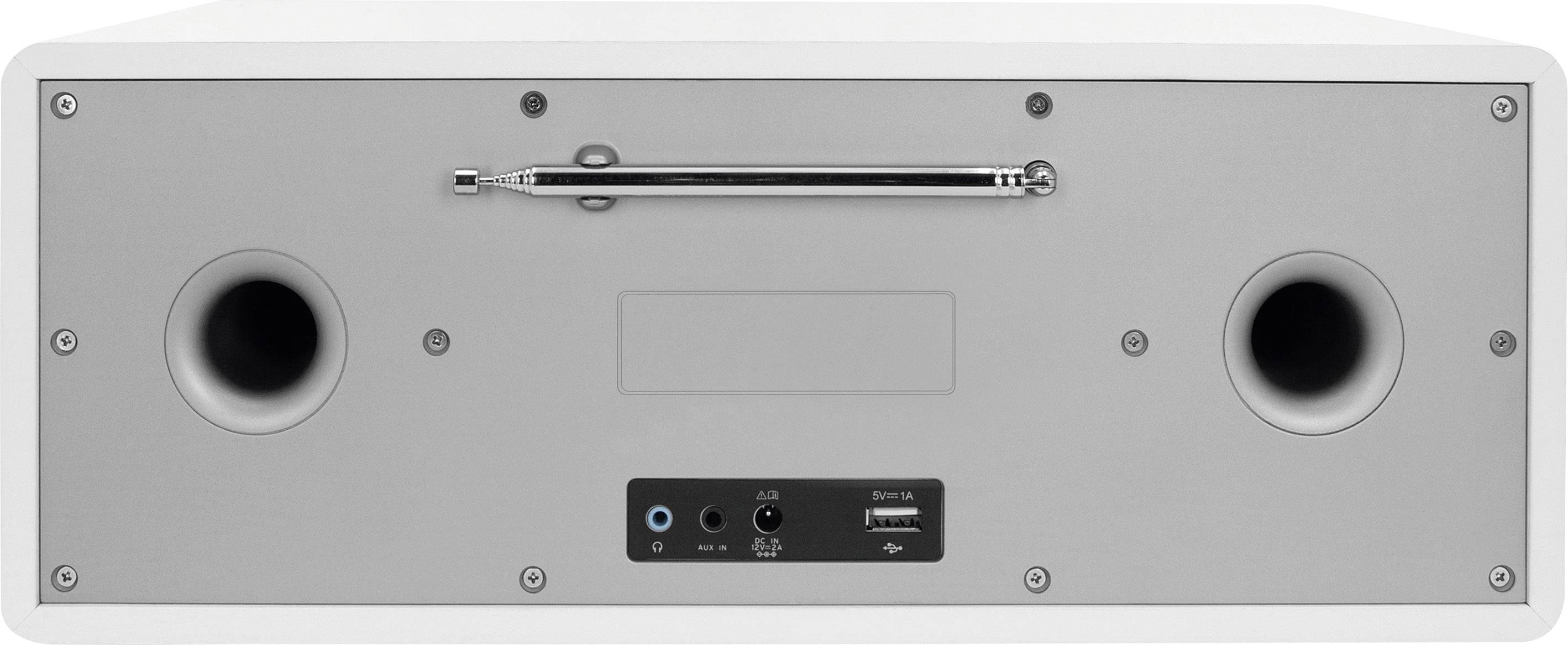 Widok z tyłu białego głośnika z dwoma otworami bass-refleks oraz złączami pośrodku do podłączenia audio i zasilania.