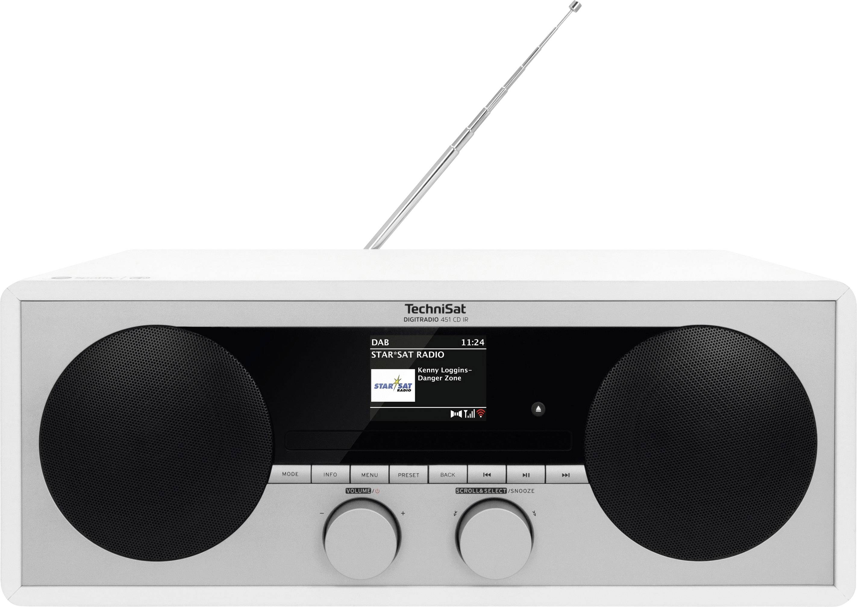Białe radio cyfrowe z dwoma głośnikami i wysuwaną anteną. Na wyświetlaczu widnieje napis 'TechniSat'.
