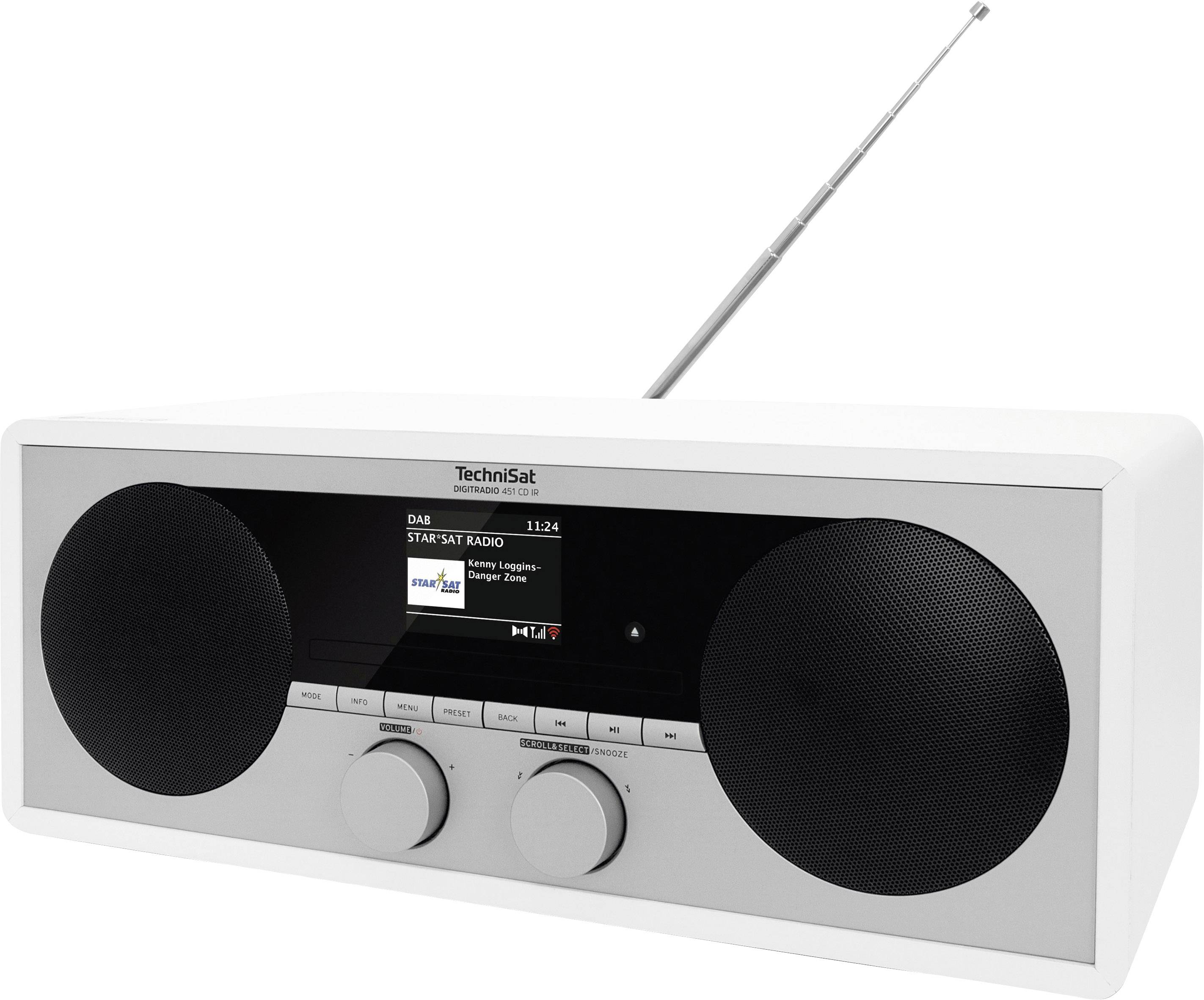 Białe radio cyfrowe z dwoma głośnikami, na wyświetlaczu widoczny napis 'TechniSat' oraz różne szczegóły radiowe. Z tyłu rozłożona antena teleskopowa.