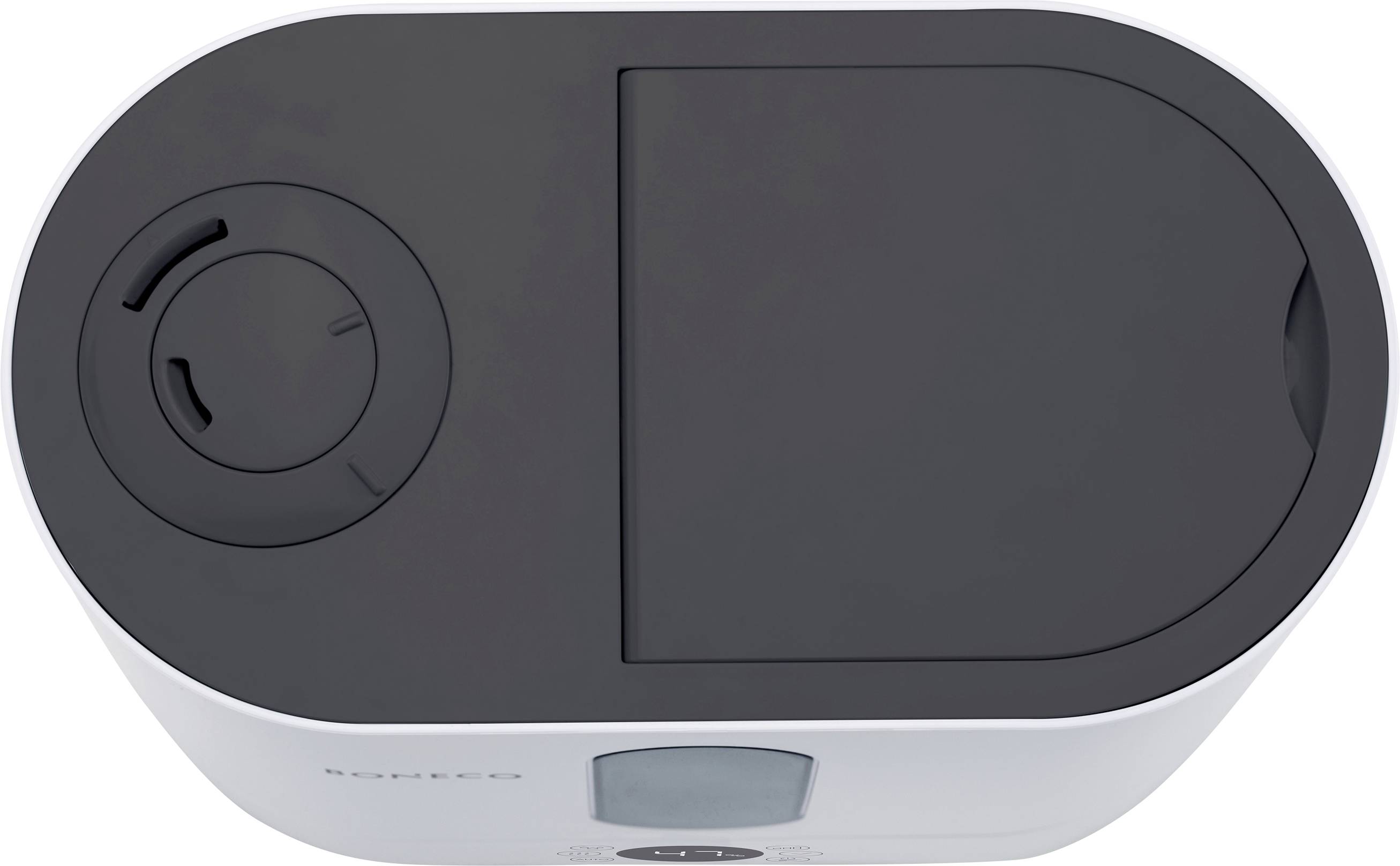 Nawilżacz powietrza widziany z góry, pokazujący otwory wody i pary oraz panel sterowania.