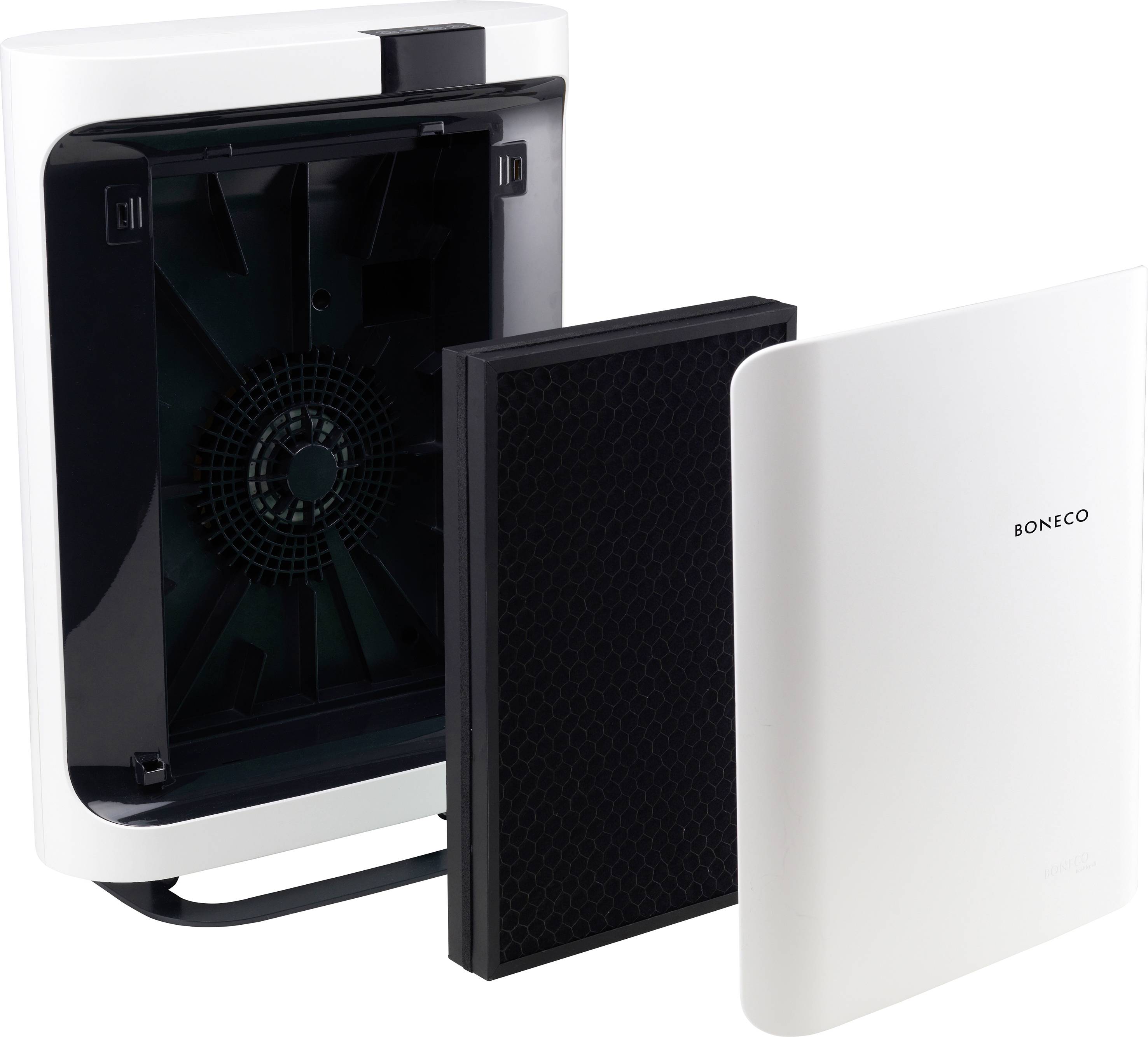 Oczyszczacz powietrza z otwartą obudową ukazujący filtry wewnętrzne i zdjętą pokrywę. Na pokrywie widoczna marka 'Boneco'.