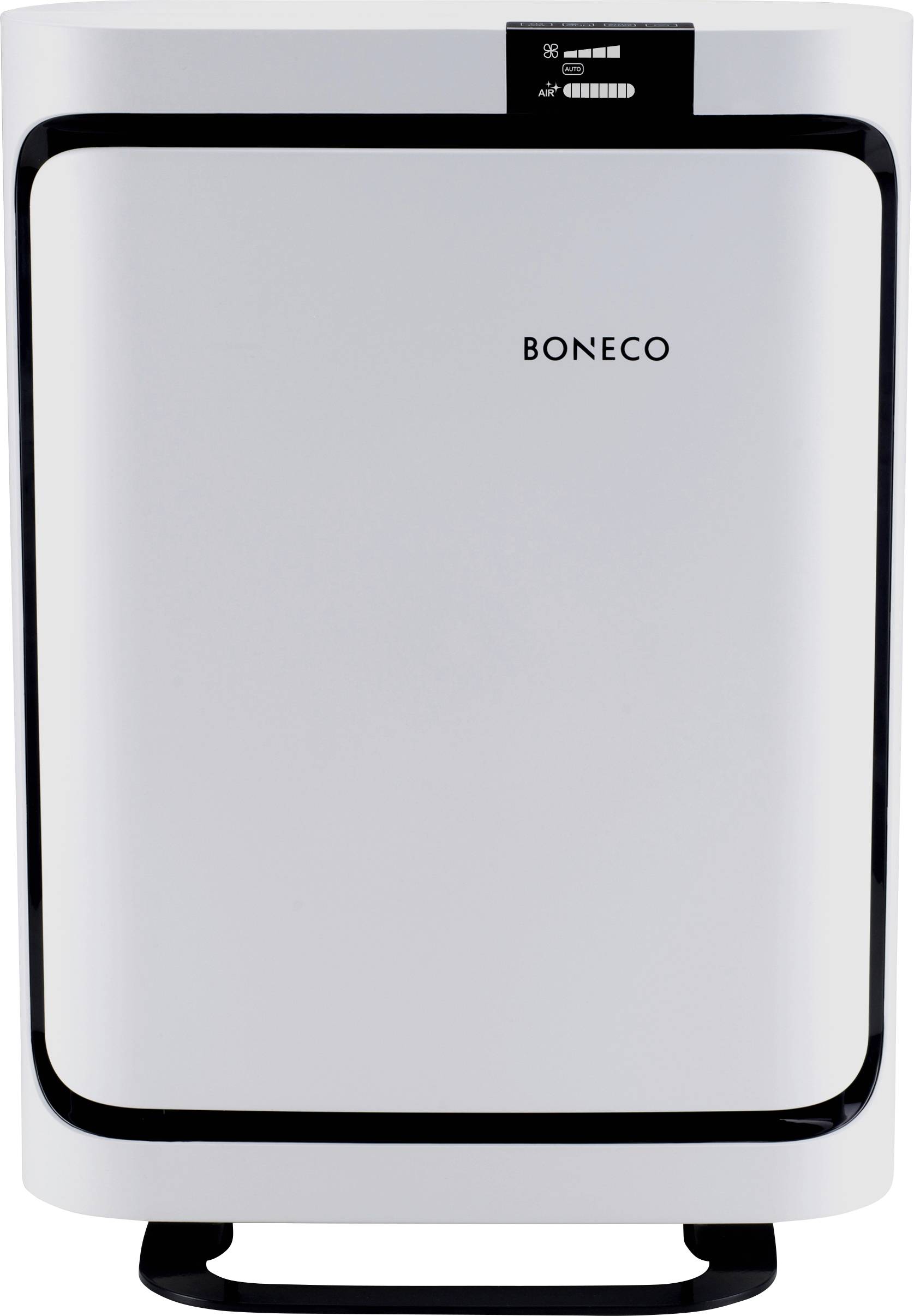 Oczyszczacz powietrza Boneco z czarną ramką i przyciskami sterującymi na górze. Obudowa głównie w kolorze białym.