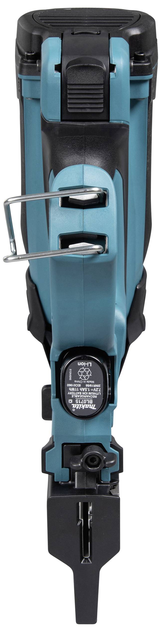 Elektryczna szlifierka kątowa w kolorze turkusowym, widok z góry. Odpowiednia do cięcia i szlifowania w zawodach rzemieślniczych.