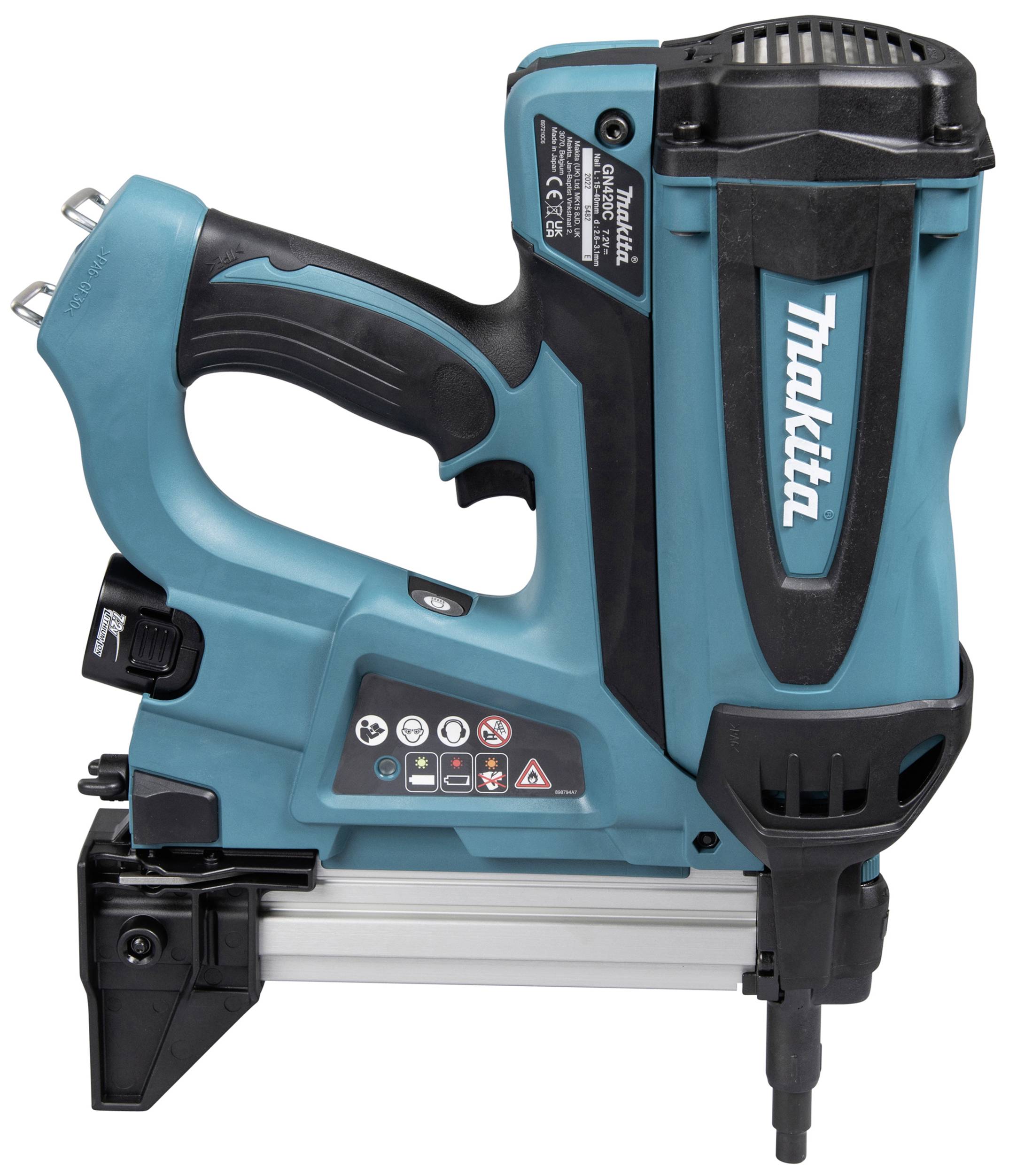 Niebiesko-czarne, bezprzewodowe urządzenie do paznokci z uchwytem, kilkoma przyciskami i ostrzeżeniami bezpieczeństwa na boku.