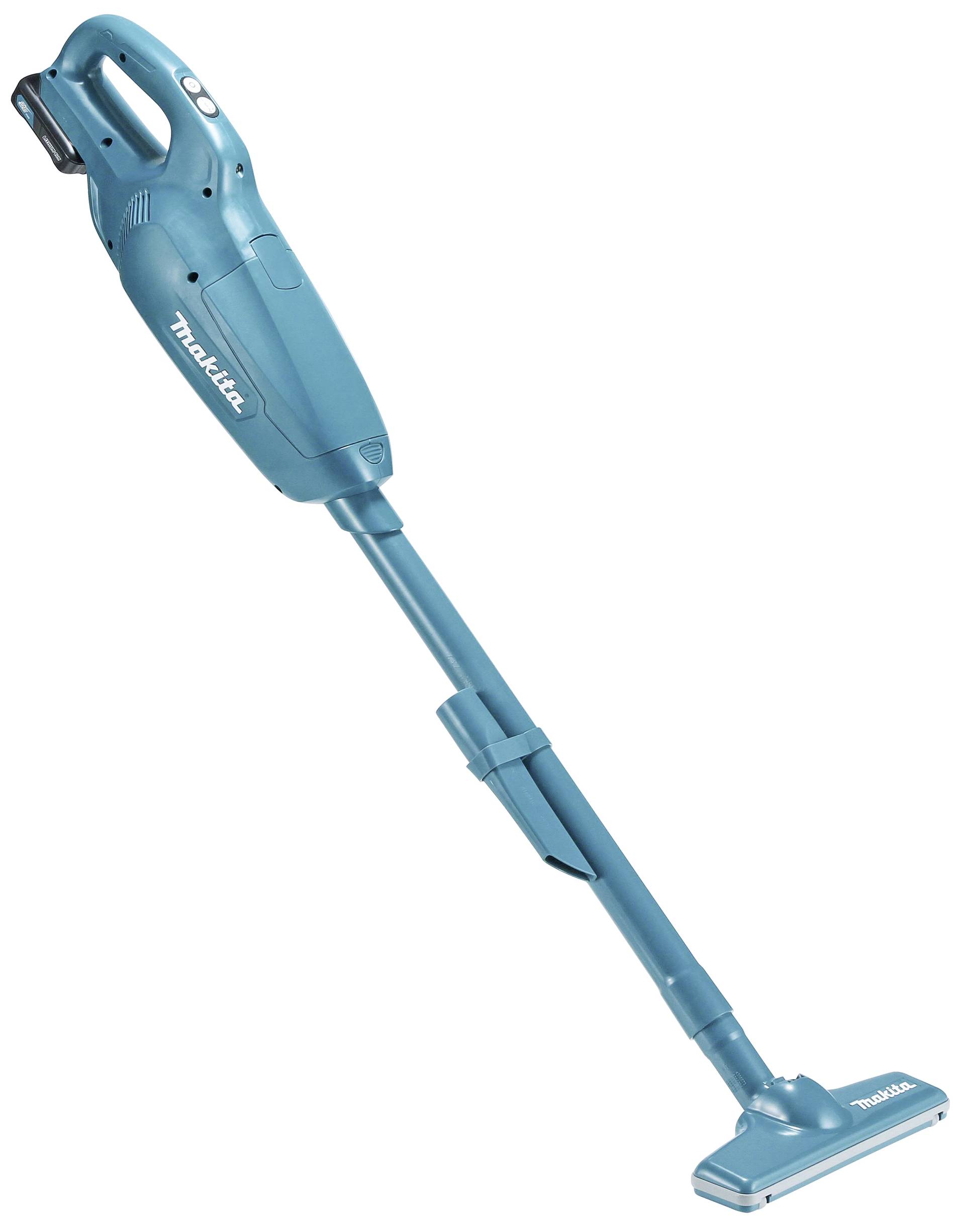 Niebieski, bezprzewodowy odkurzacz widziany z boku. Nazwa marki widoczna na urządzeniu. Odpowiedni do użytku domowego.