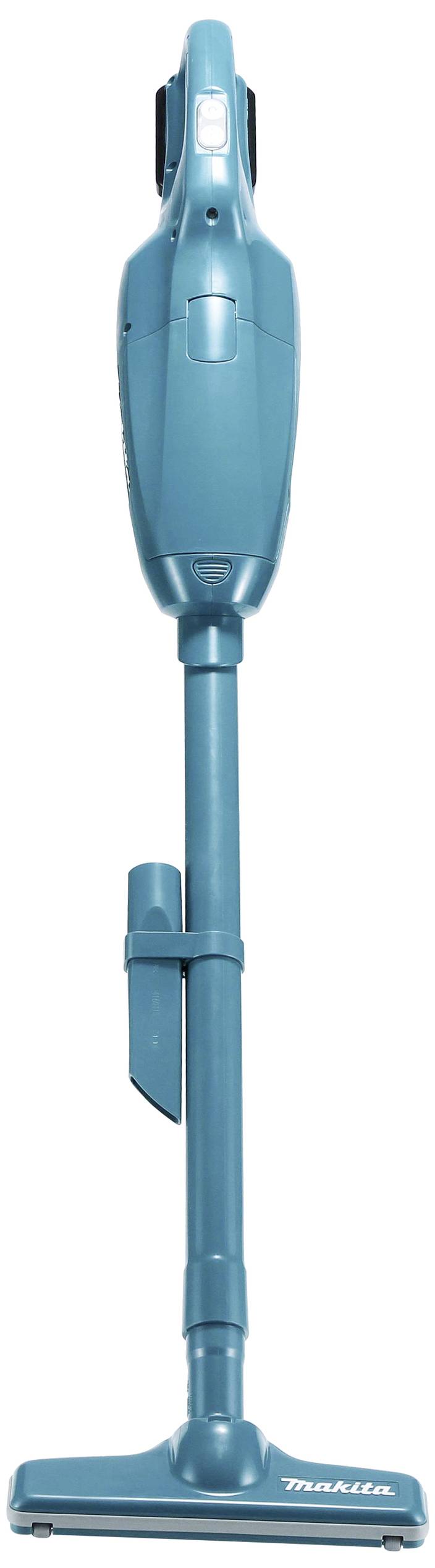 Niebieski, bezprzewodowy odkurzacz stoi pionowo, wyposażony w odłączaną rurę i końcówkę do czyszczenia podłogi.