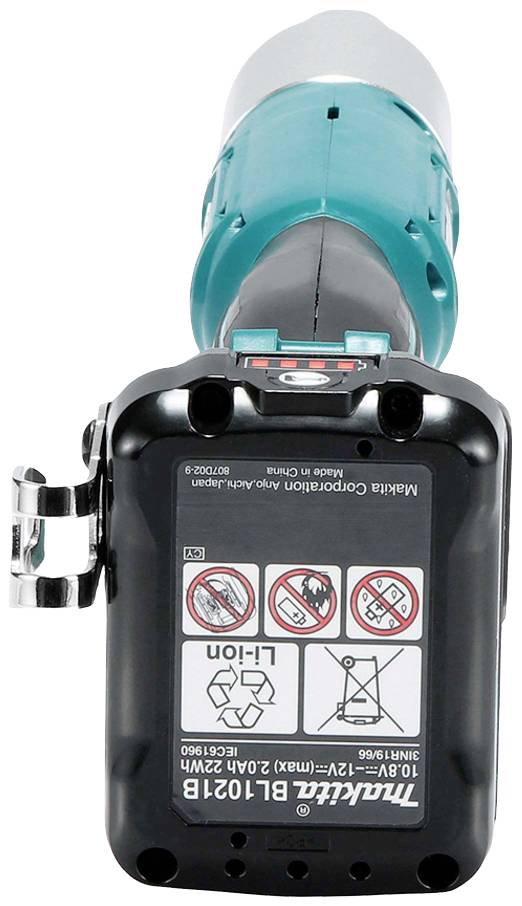 Wydajny wkrętak akumulatorowy w niebieskiej obudowie z czarną rękojeścią; symbole obsługi widoczne na akumulatorze.