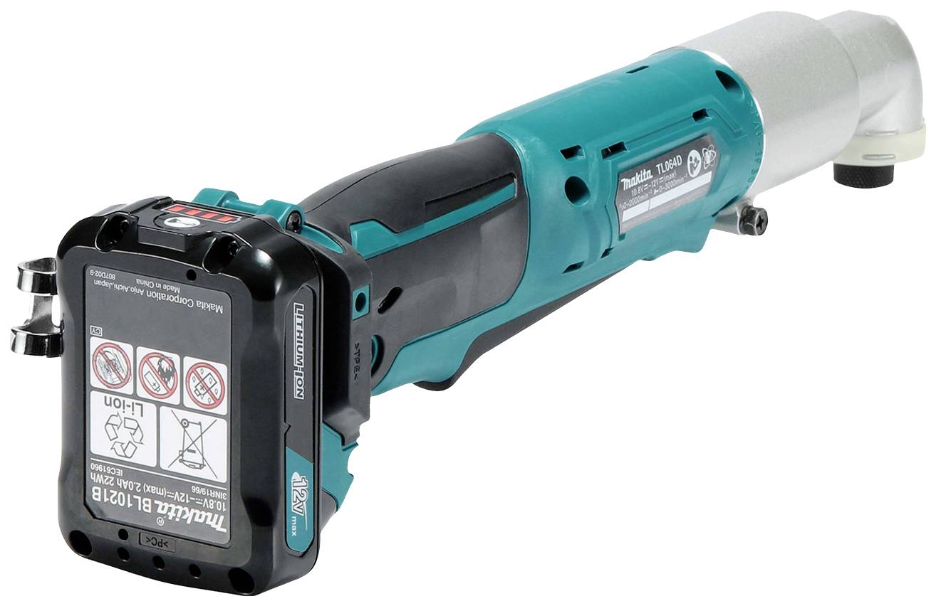 Niebiesko-czarna elektryczna szlifierka kątowa zasilana akumulatorowo, odpowiednia do prac śrubowych i montażowych.