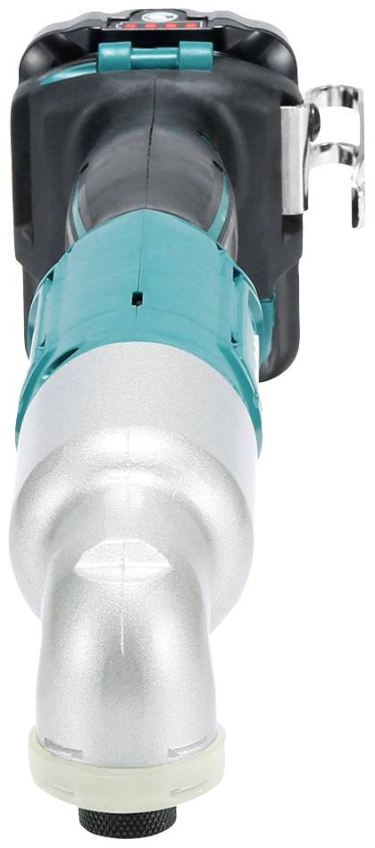 Srebrno-turkusowe elektryczne narzędzie z wygiętą głowicą, odpowiednie do wąskich przestrzeni, prawdopodobnie wkrętarka kątowa.