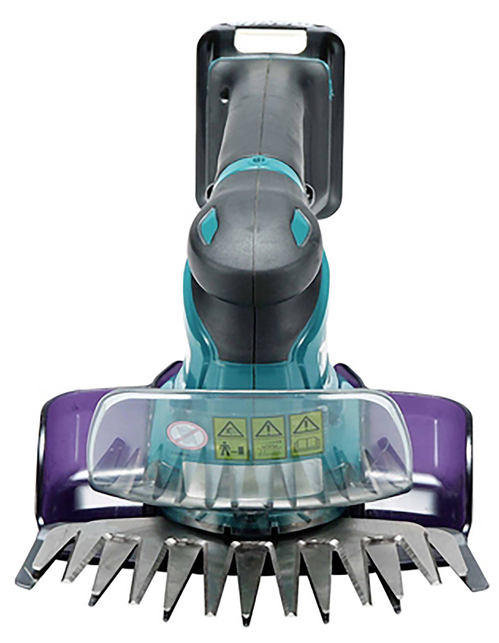 Elektryczne nożyce do żywopłotu w niebiesko-czarnej obudowie, prezentujące ostrze z ostrzeżeniami na przezroczystej osłonie ochronnej.