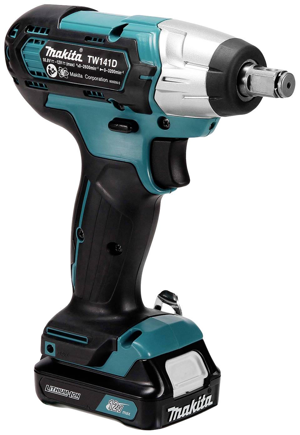 Elektryczny klucz udarowy w kolorze czarnym i turkusowym z akumulatorem litowo-jonowym u dołu. Odpowiedni do różnych prac związanych z dokręcaniem śrub.