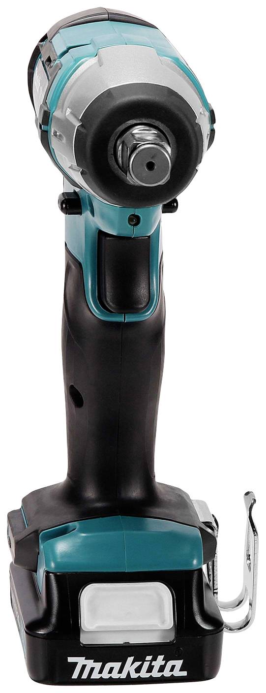 Bezprzewodowy wkrętak z ergonomicznym uchwytem, obudowa w kolorach niebiesko-czarnym z srebrnym uchwytem wiertła, marka 'Makita' przedstawiona poniżej.