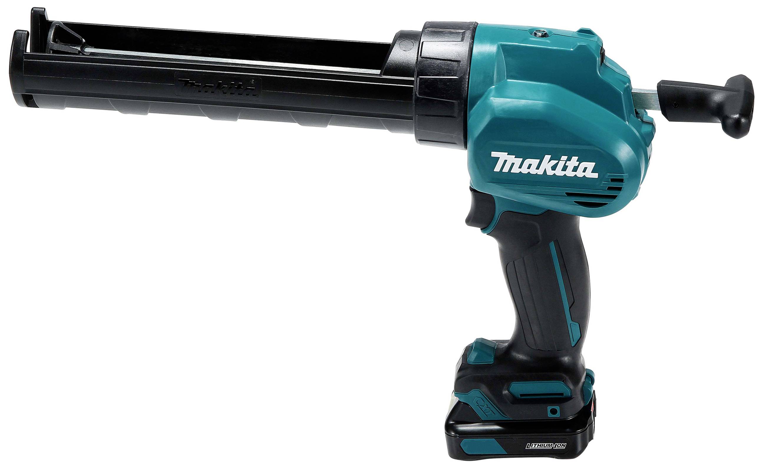 Elektryczna pistolet do kartuszy w kolorze turkusowym i czarnym, zasilany akumulatorem. Nazwa modelu 'Makita' na boku.