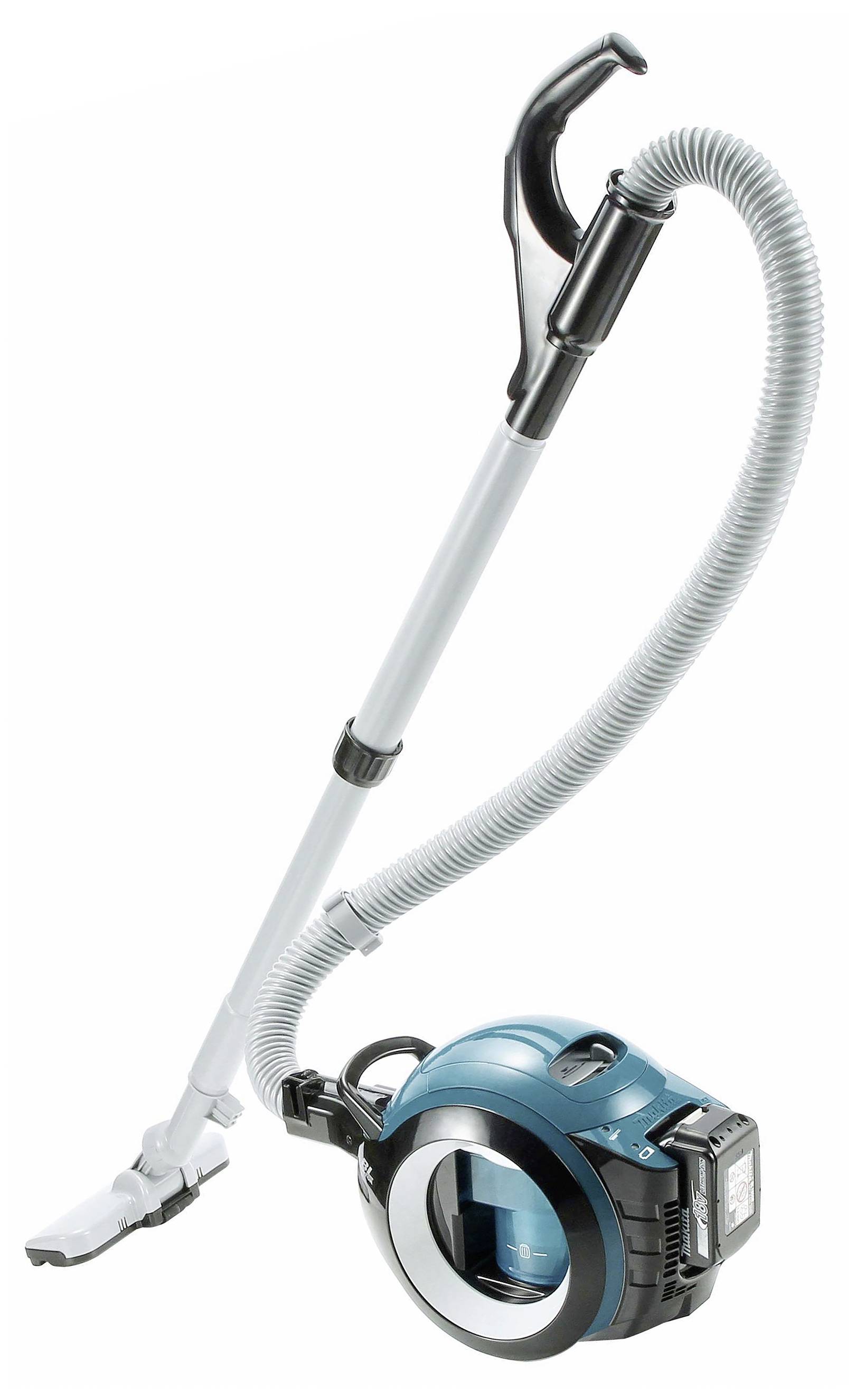 Przenośny, niebieski odkurzacz z elastycznym wężem i uchwytem, odpowiedni do różnych powierzchni i łatwy w transporcie.