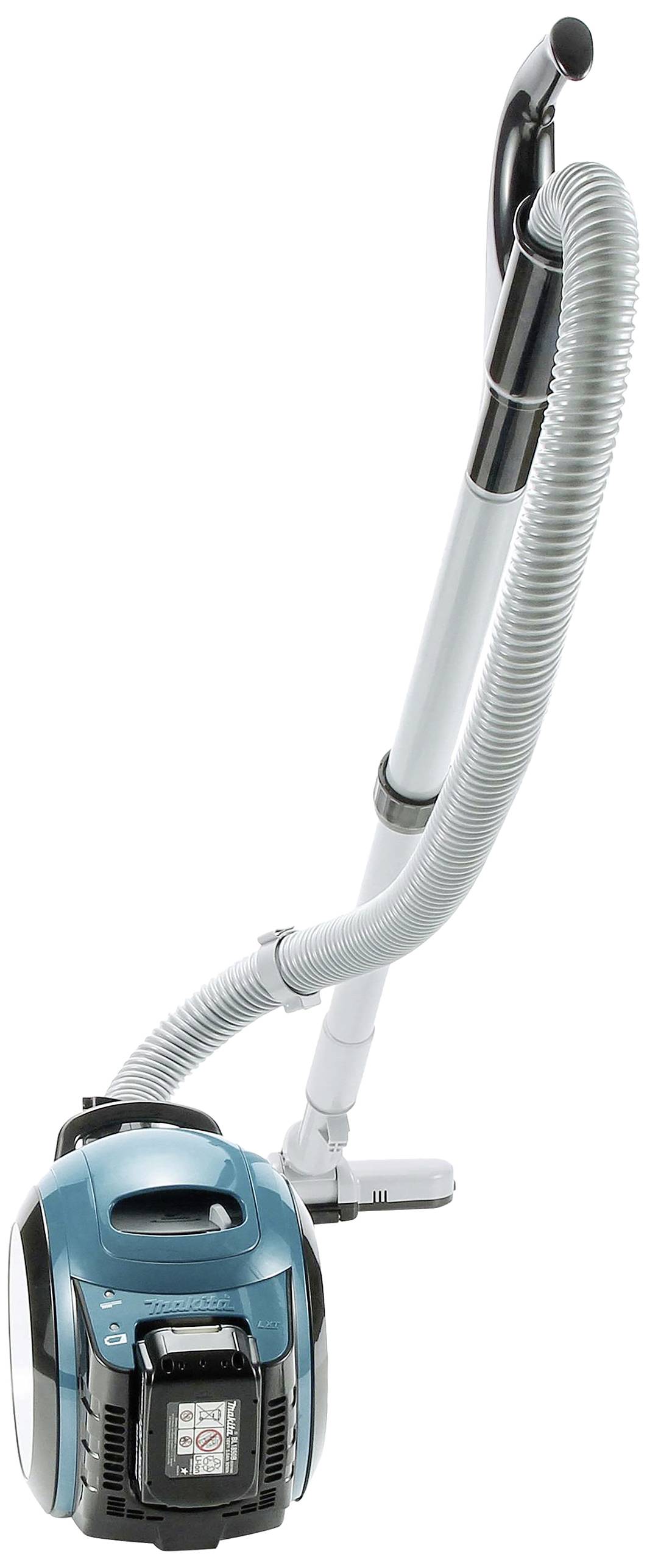 Niebieski odkurzacz z elastycznym wężem i srebrną rurą ssącą, odpowiedni do czyszczenia podłóg i dywanów.