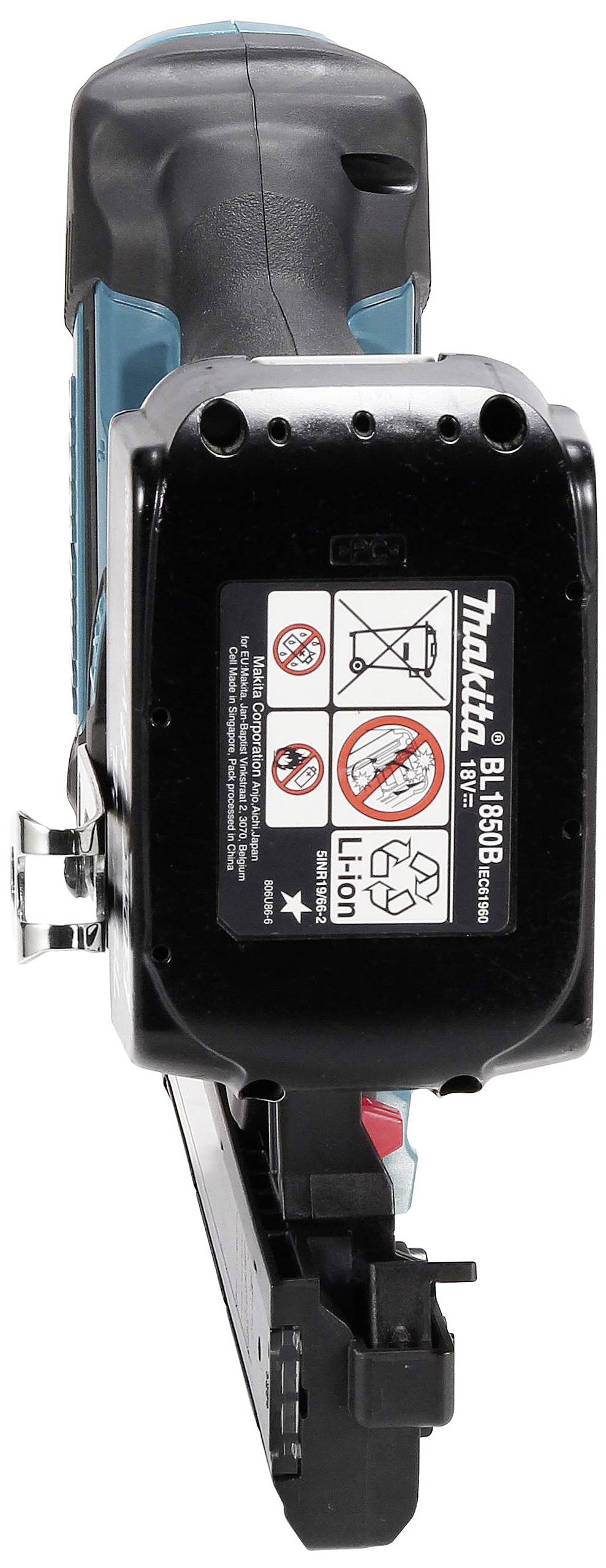 Elektronarzędzie w czarnej obudowie z niebieskimi akcentami, prezentujące etykietę ostrzegawczą z piktogramami i instrukcjami użycia.