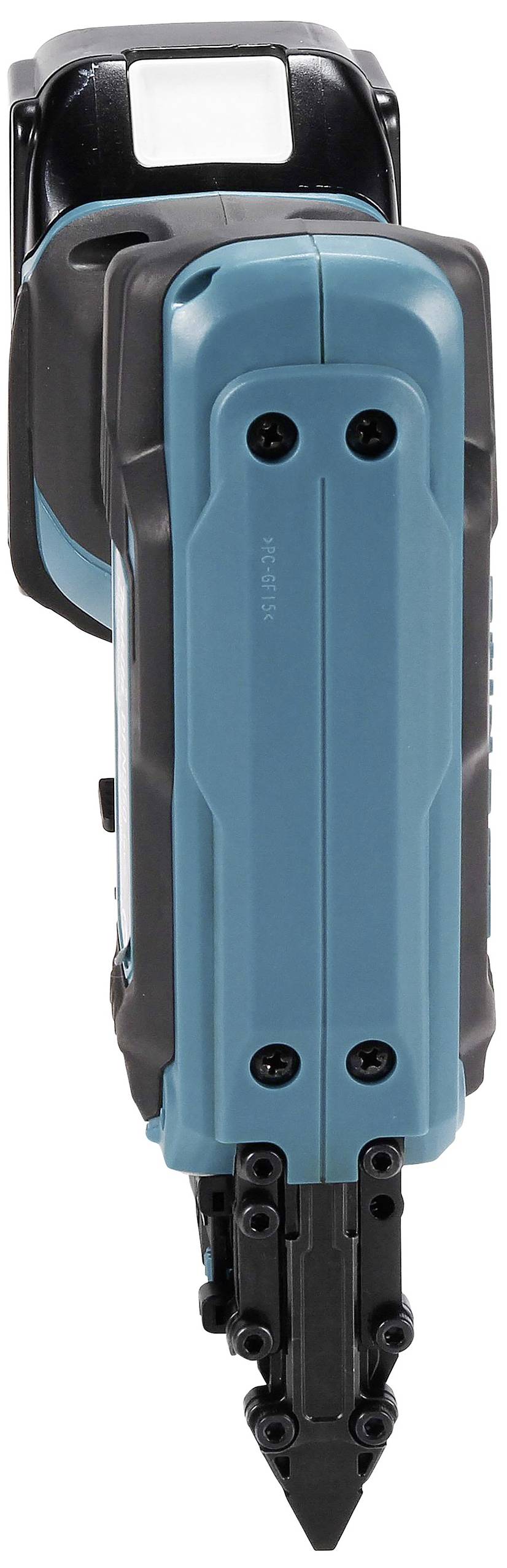 Pionowo przedstawione niebiesko-czarne elektryczne narzędzie z ostrokońcówkowym osprzętem. Odpowiednie do prac budowlanych lub majsterkowania.