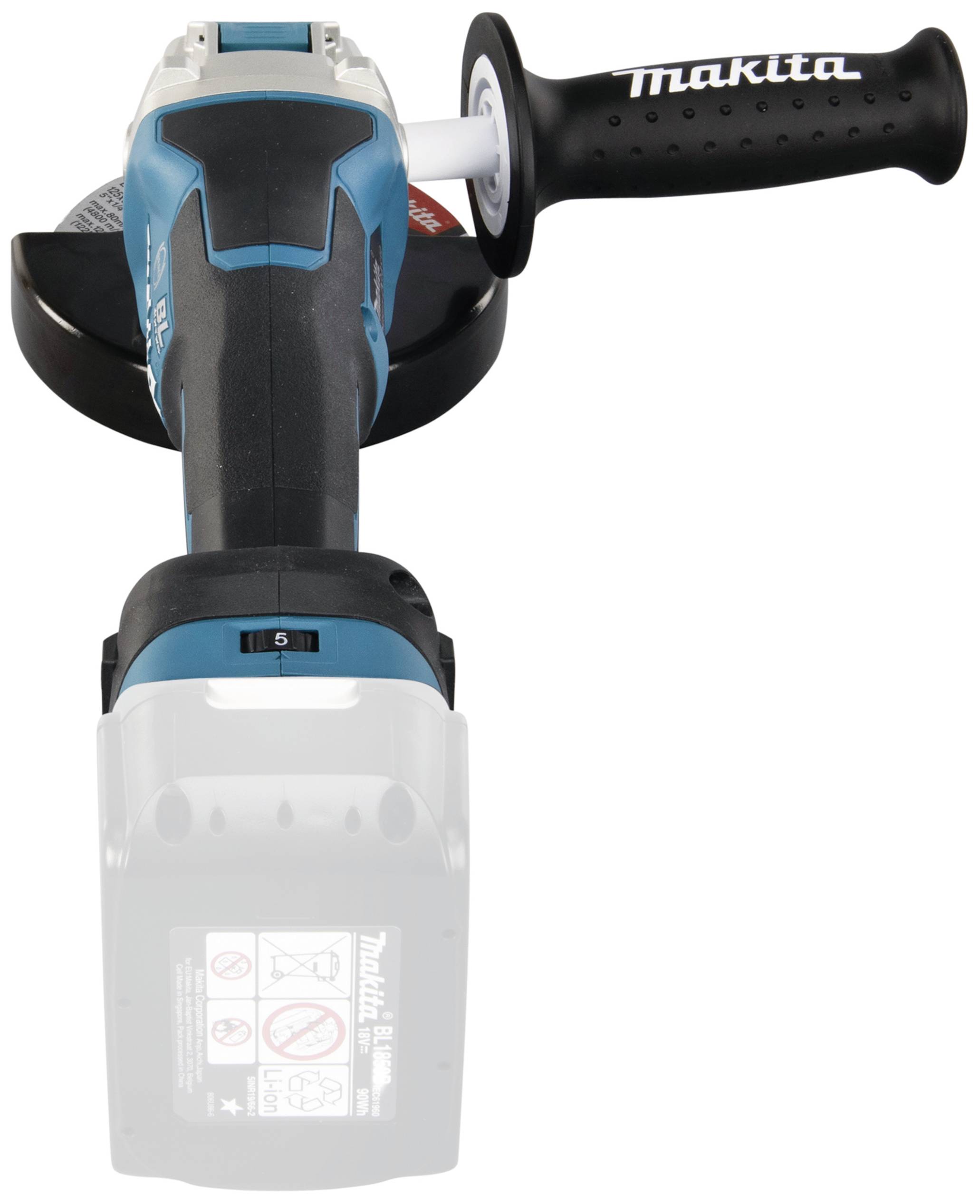 Akumulatorowa szlifierka kątowa firmy Makita, sfotografowana od przodu, z szarą rękojeścią i osłoną ochronną nad powierzchnią szlifowania.