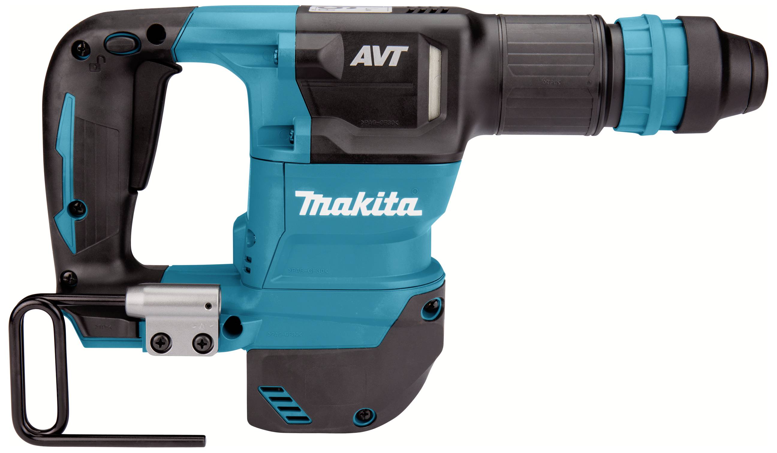 Niebieski i czarny młot udarowy marki Makita z oznaczeniem 'AVT', wyposażony w uchwyt D oraz uchwyt narzędziowy SDS.