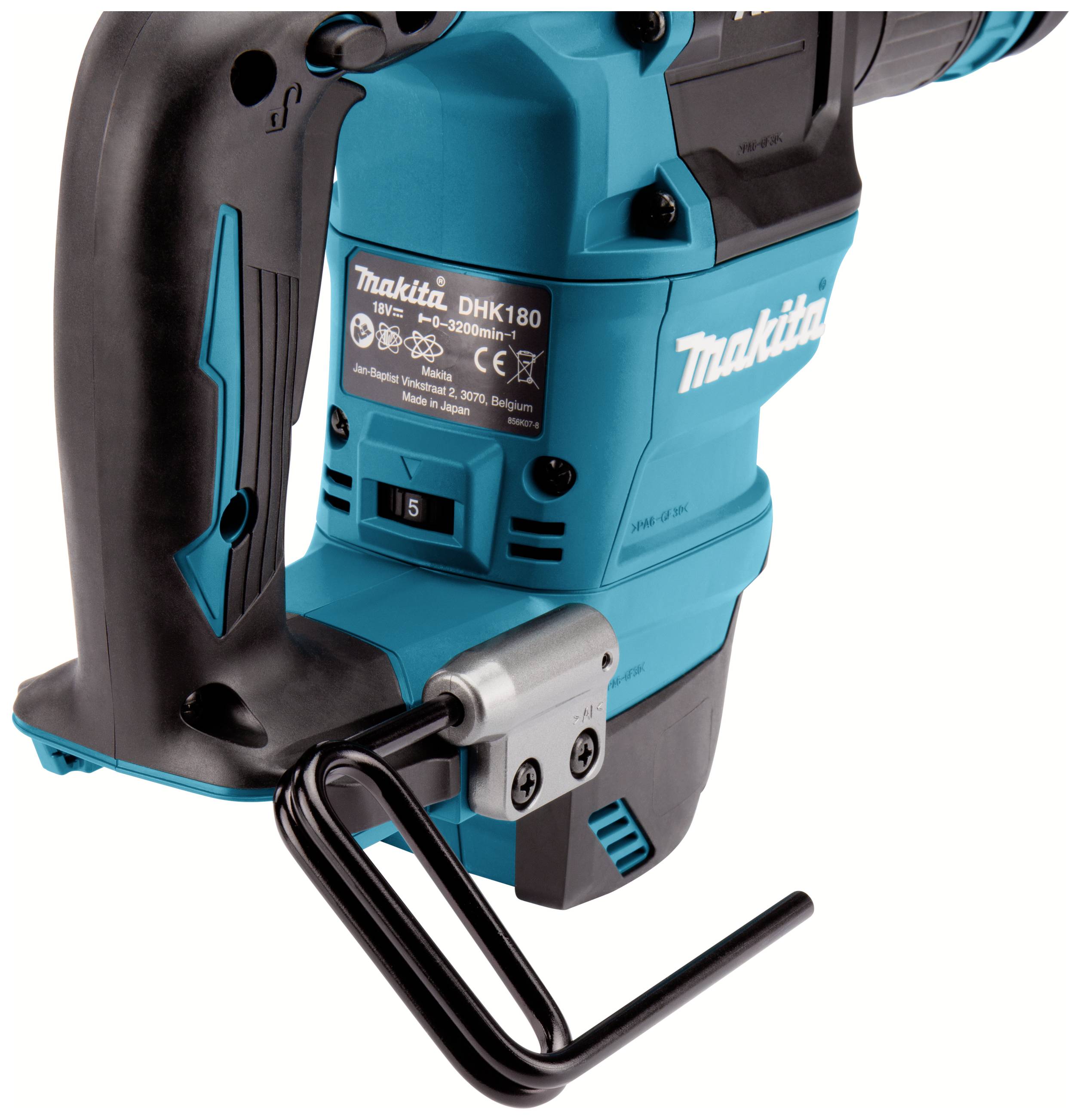 Niebieski młot udarowy Makita, model DHK180, z czarnym uchwytem i metalowym zabezpieczeniem. Panel sterowania wyświetla tryby pracy.