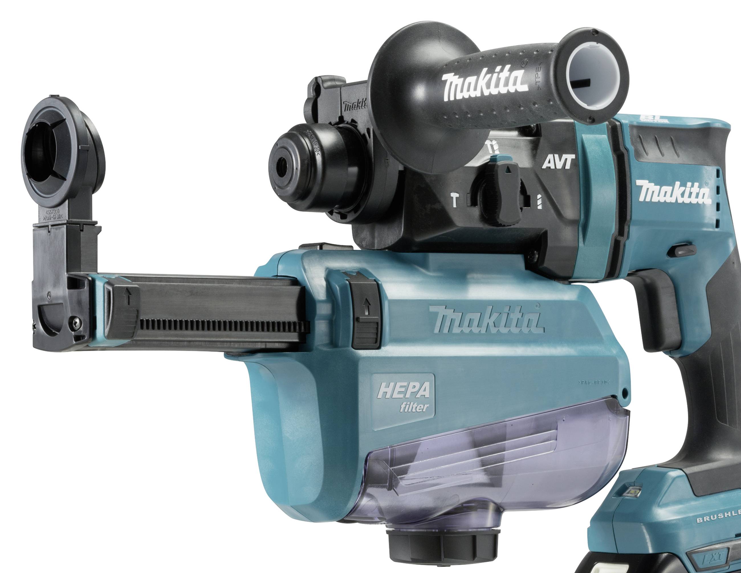 Bezprzewodowy młot udarowy Makita w kolorze niebieskim, wyposażony w zintegrowany filtr HEPA, który zapewnia bezpyłowe wiercenie.