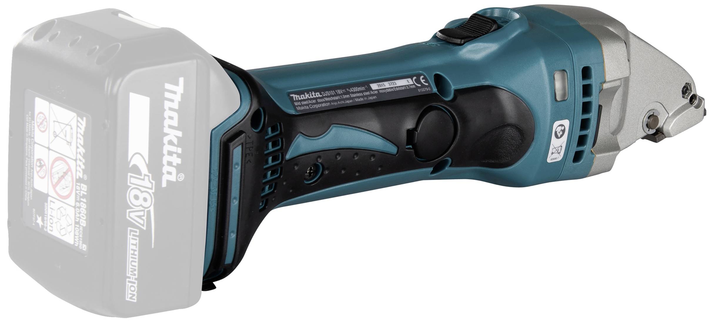 Nożyczki elektryczne w kolorze turkusowym z czarną rączką, odpowiednie do cięcia różnych materiałów, zasilane akumulatorem 18V.