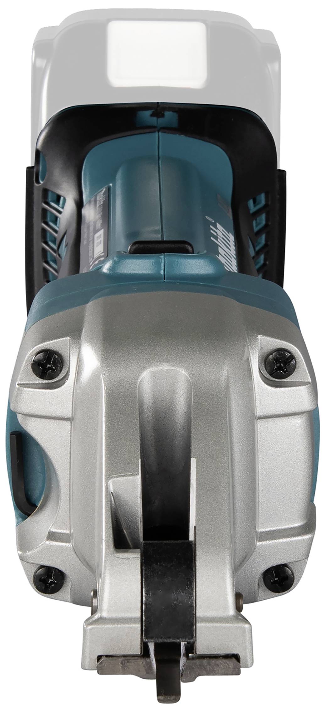 Elektryczna ręczna pilarka tarczowa w zbliżeniu, widok z przodu. Narzędzie w kolorze niebieskim i srebrnym, przydatne do precyzyjnego cięcia materiałów.