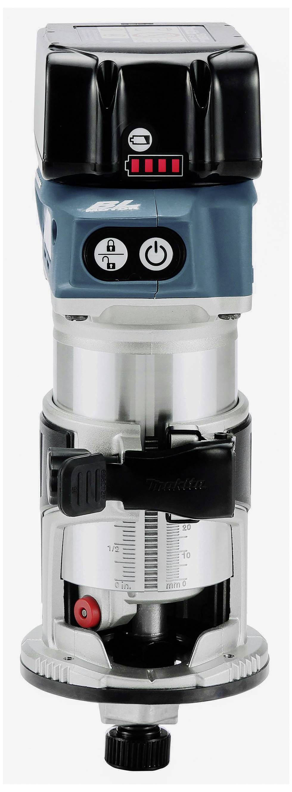 Przenośna frezarka krawędziowa z mechanizmem regulacji wysokości, włącznikiem/wyłącznikiem i komorą akumulatora na górnej powierzchni. Idealna do obróbki drewna.