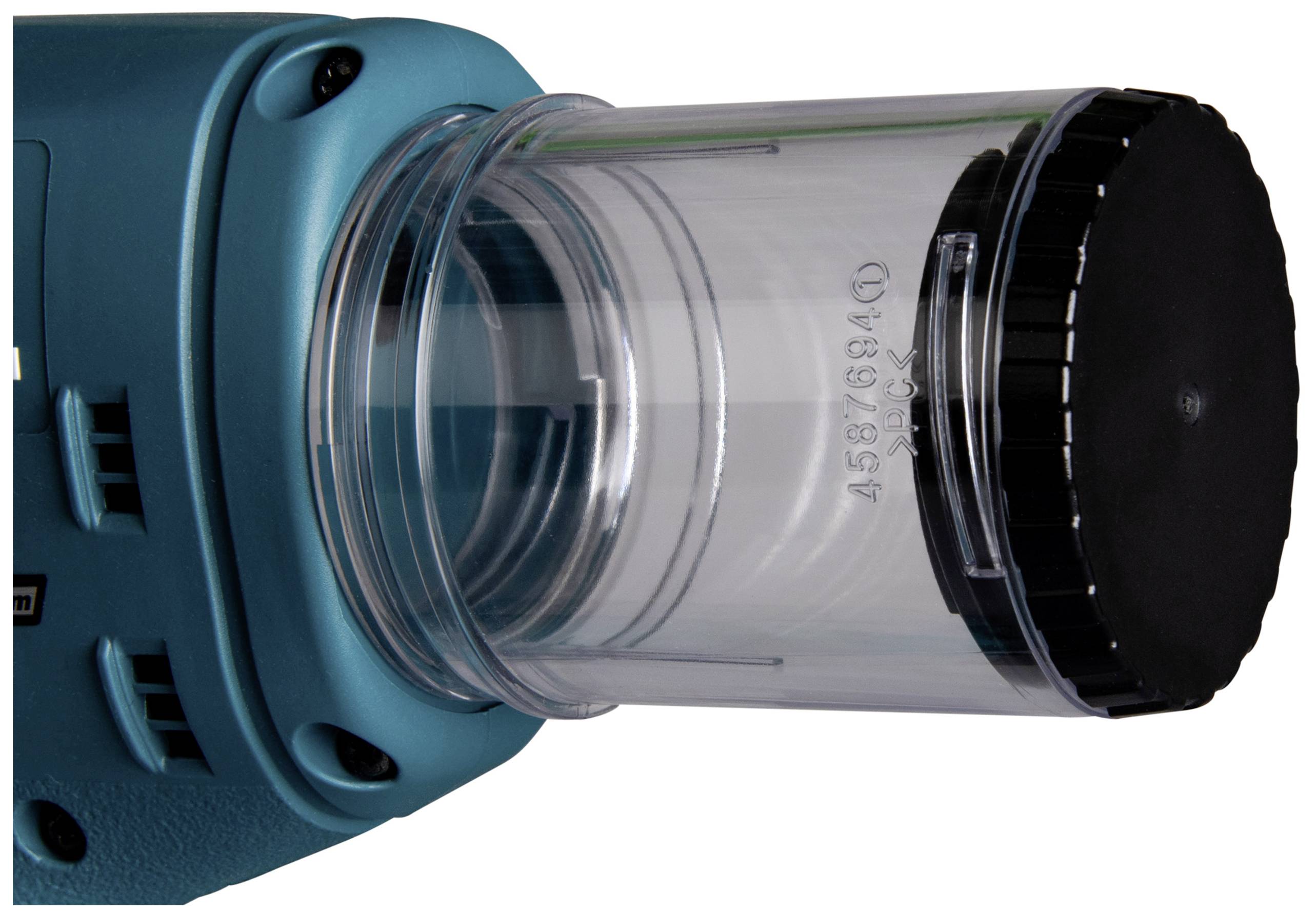 Elektryczny wkrętak z niebieską obudową i przezroczystą plastikową nasadką.