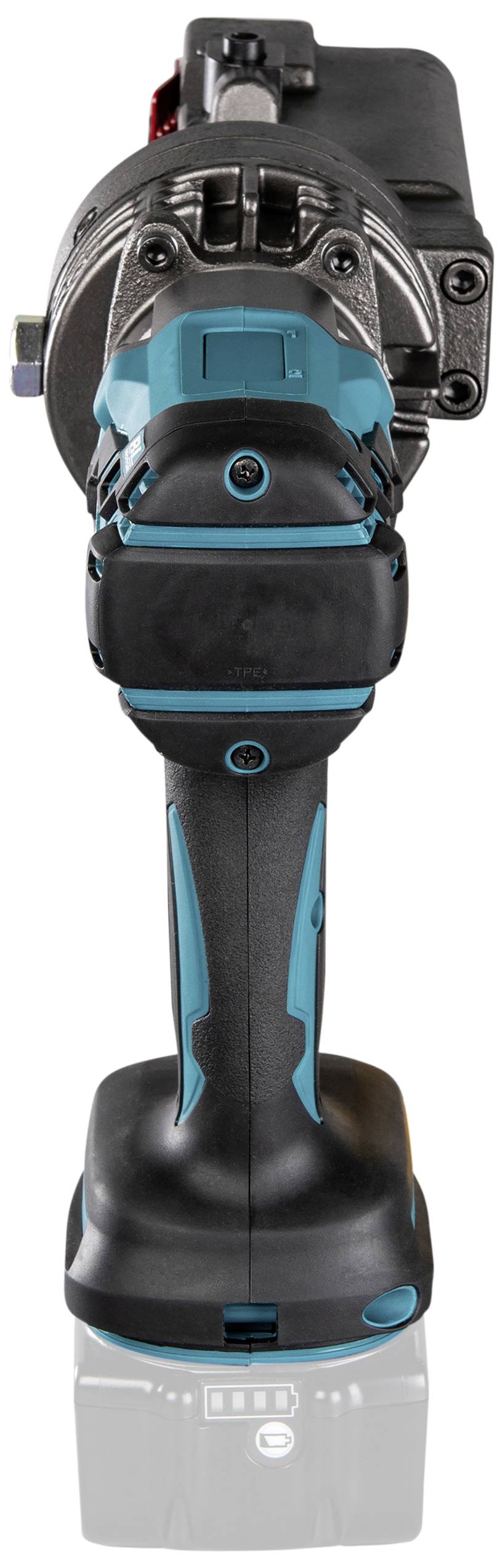 Akumulatorowe szczypce hydrauliczne do zaciskania w widoku z przodu. Mają niebiesko-czarną kolorystykę i służą do łączenia przewodów.