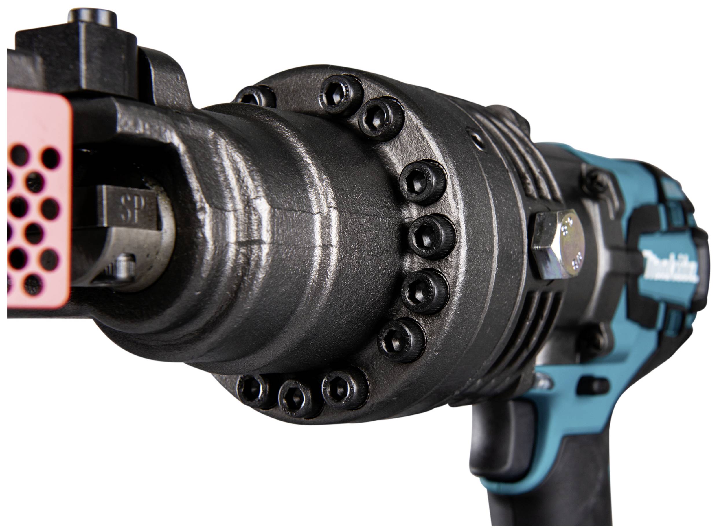 Elektryczny klucz udarowy z czarną metalową obudową i niebieskim uchwytem, przeznaczony do odkręcania ciężkich połączeń śrubowych.