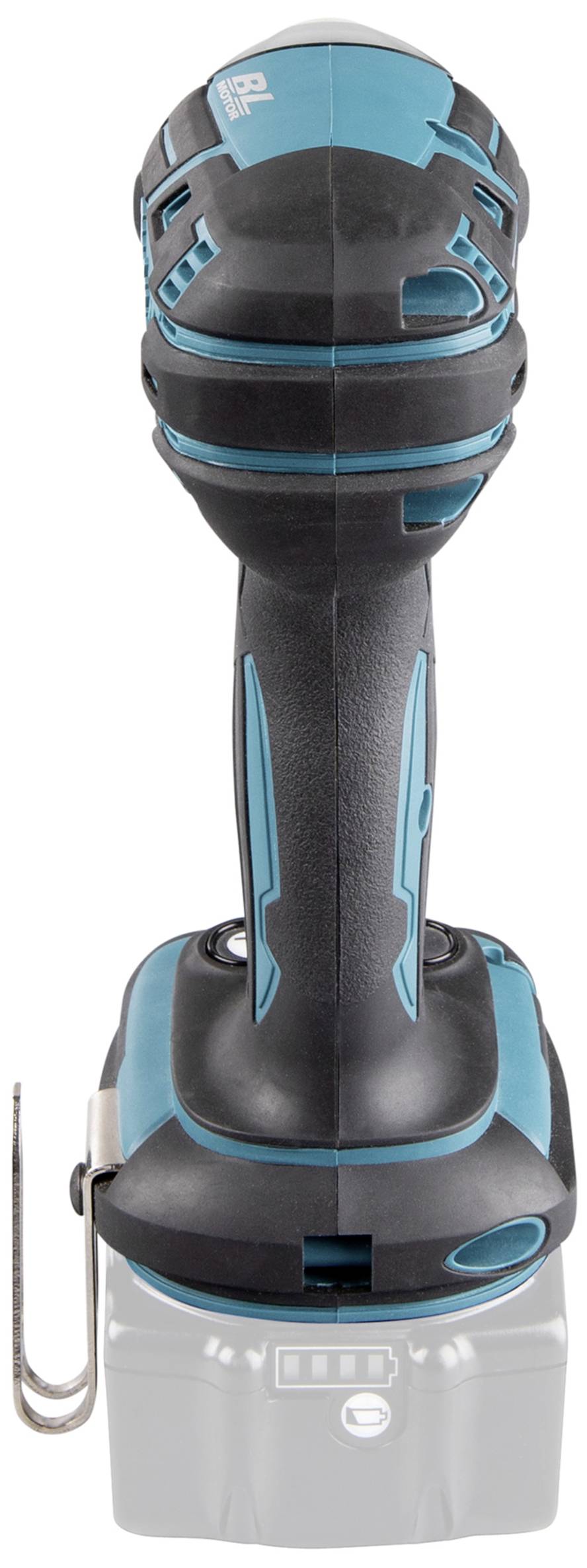 'Ręczna wiertarka akumulatorowa w kolorach czarnym i niebieskim, sfotografowana z przodu, z srebrnym haczykiem po bokul. Brak widocznych oznaczeń marki.'