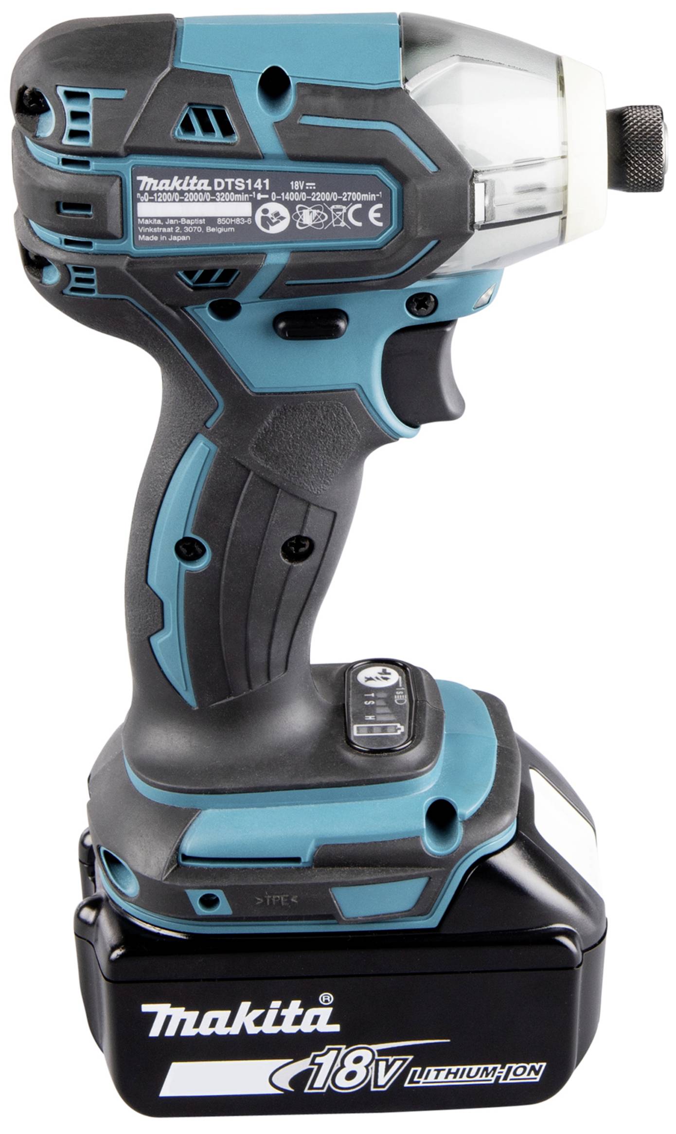 Niebieski i czarny akumulatorowy klucz udarowy z napisem 'Makita 18V Lithium' na baterii, widziany z boku.