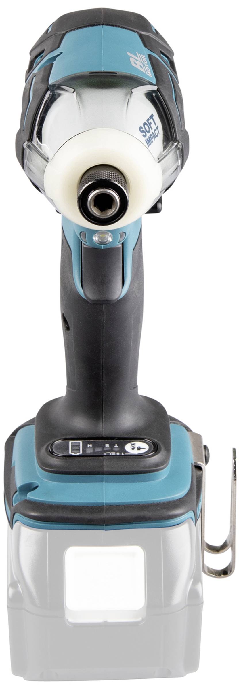 Wkrętarka udarowa z czarnym uchwytem, niebieską obudową i wymiennym akumulatorem, sfotografowana z przodu, odpowiednia do prac majsterkowiczów.