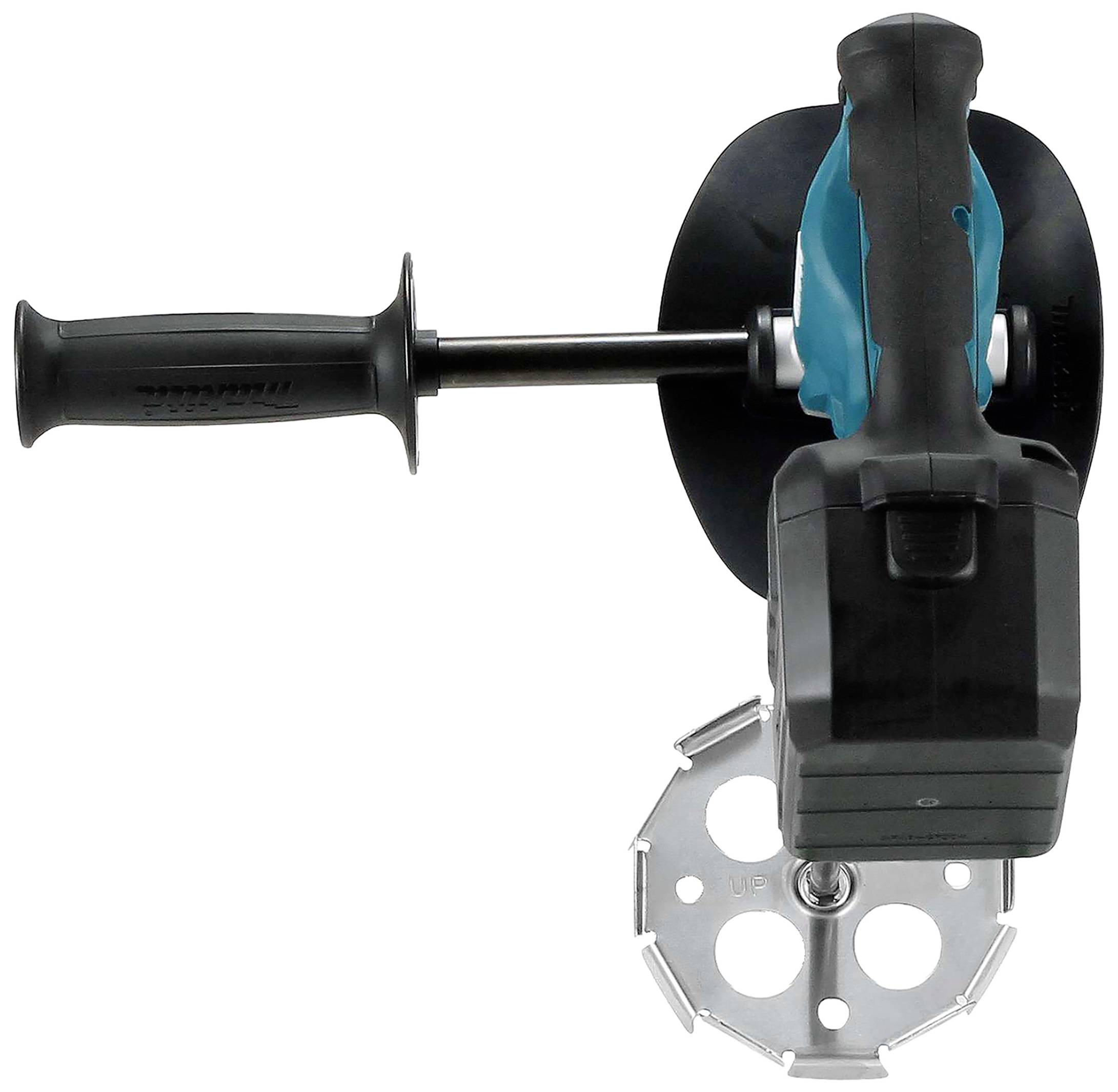 Wiertło kątowe z bocznym uchwytem, uchwyt w kolorze niebiesko-czarnym, metalowa głowica mieszająca z pięcioma otworami, widok z góry.