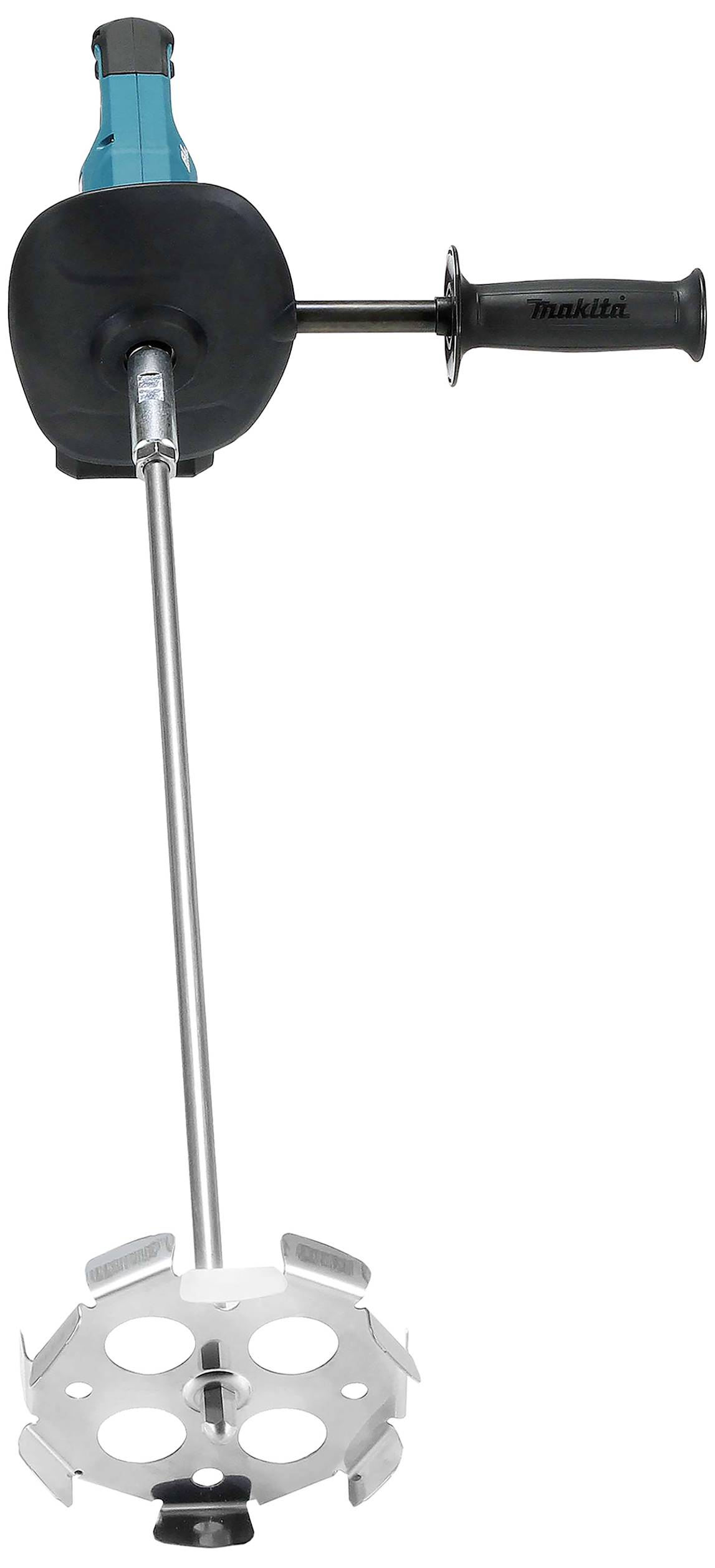 Elektryczny ręczny mikser z długim ramieniem i okrągłą końcówką do mieszania. Ergonomiczna konstrukcja z bocznym uchwytem dla wygodniejszej obsługi.