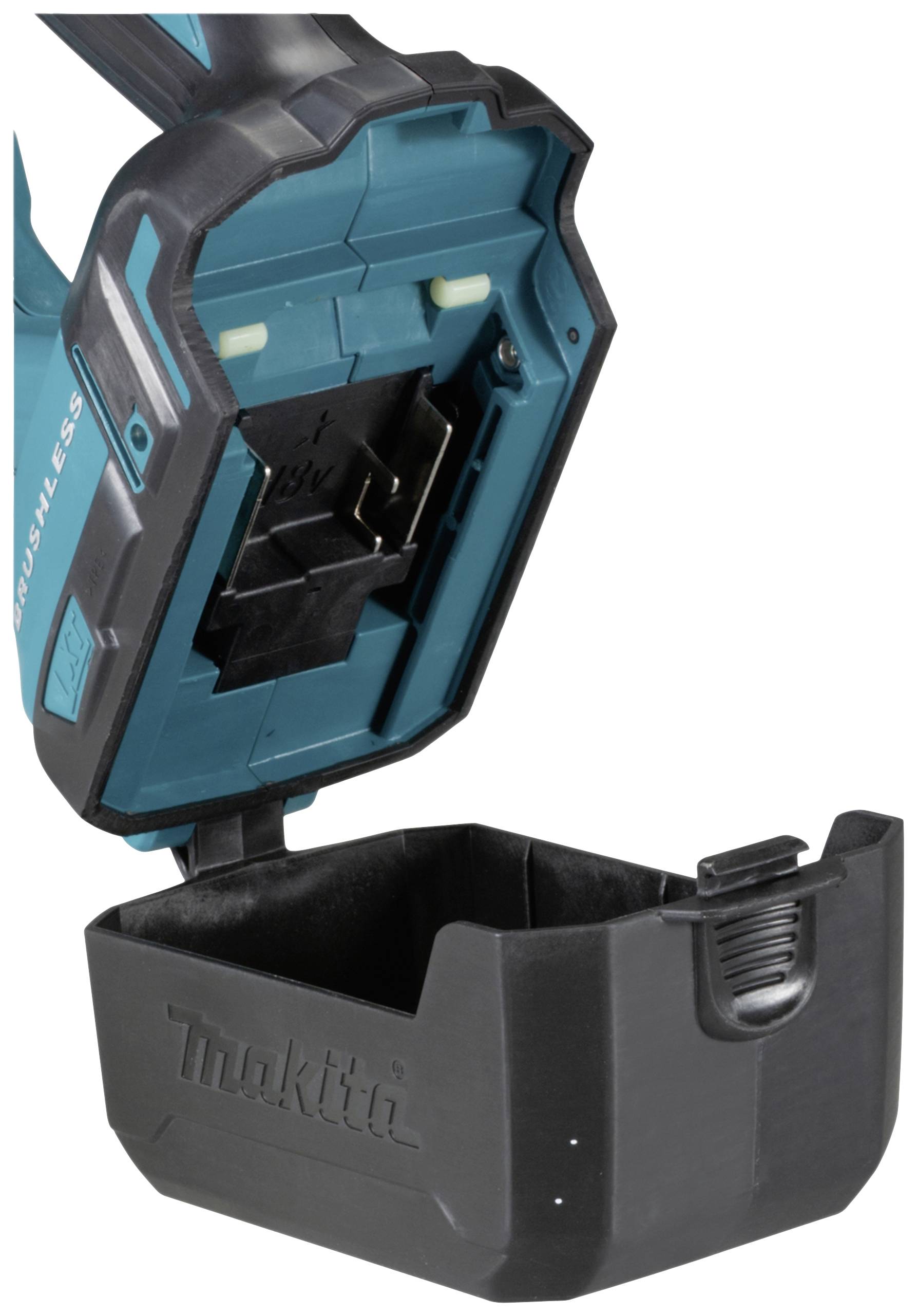 Otwarta komora akumulatora elektronarzędzia z widocznym gniazdem. Dolna część przedstawia pusty uchwyt na akumulator.