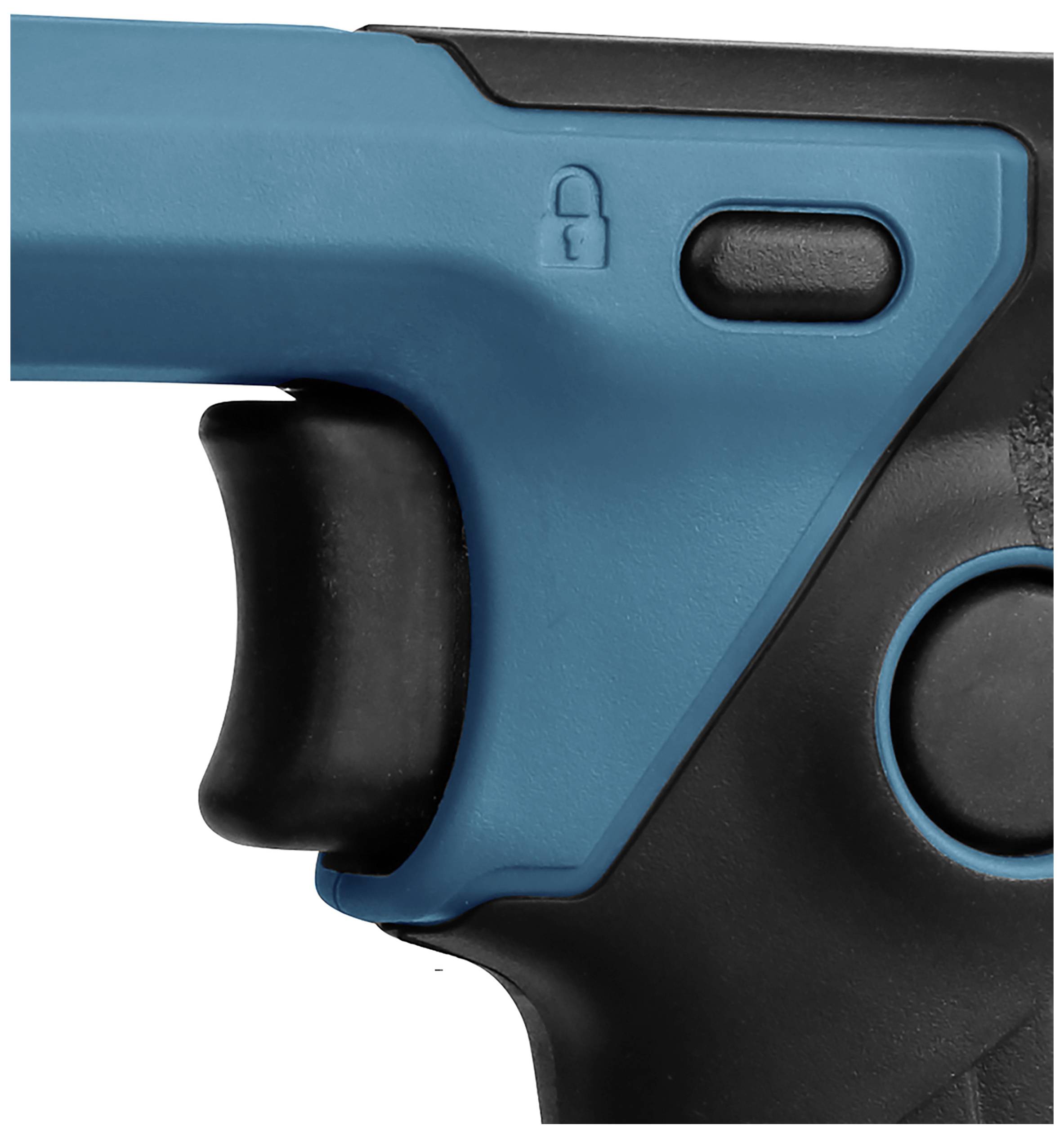 Niebieski uchwyt elektronarzędzia z zaznaczonym symbolem zamka i czarnym przyciskiem.